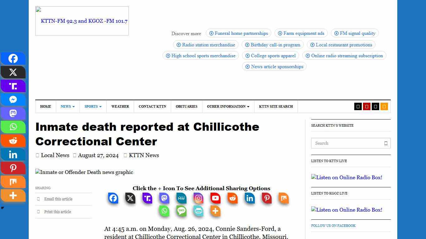 Inmate death reported at Chillicothe Correctional Center
