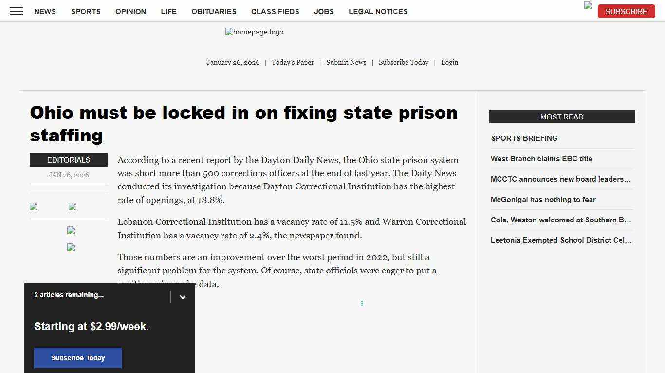 Ohio must be locked in on fixing state prison staffing News, Sports, Jobs - Morning Journal